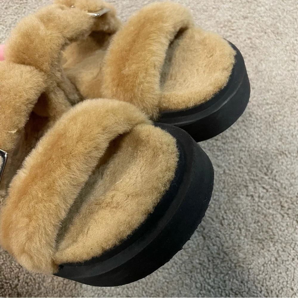 Giuseppe Zanotti Shearling Slides Faux Fur Camel Platform Sandals with buckles - Picture 7 of 12